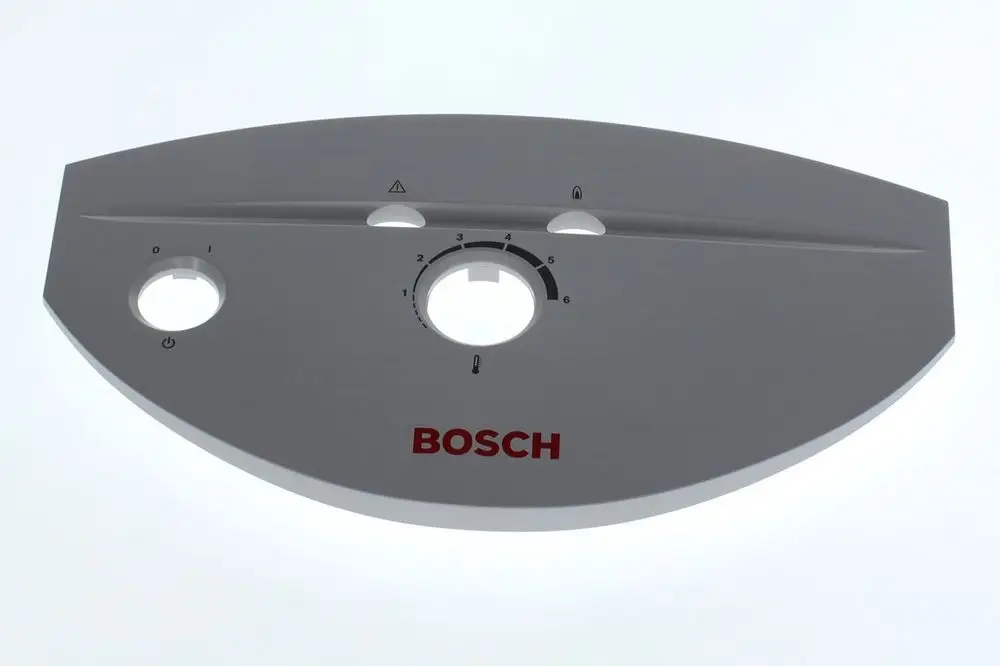 Bosch-Geräteblende in ovaler Form mit Bedienelementen, darunter ein Drehregler und Statusanzeigen, auf weißem Hintergrund.